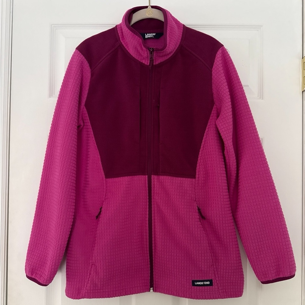 Lands' End Women's Two-Tone Pink Grid Fleece Jacket - Small